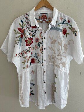 JOHNNY WAS "Ellia" Floral & Geometric Embroidered 100% Linen Tunic: Medium; NWOT